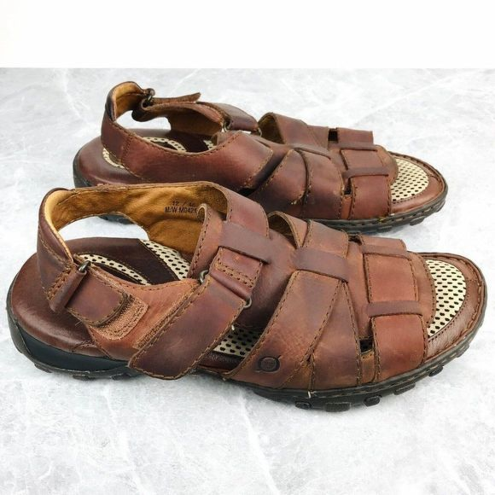 Born Mens Size 12 Fisherman Sandals Brown Leather Hook & Loop Open‎ Toe Sandals
